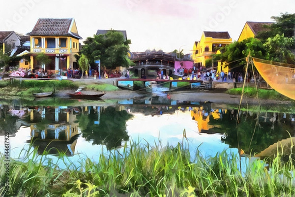 Fototapeta Colorful painting of evening landscape in Hoi An