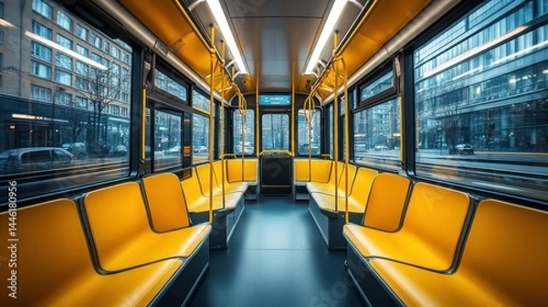 Fototapeta Empty modern streetcar interior yellow seats urban city view