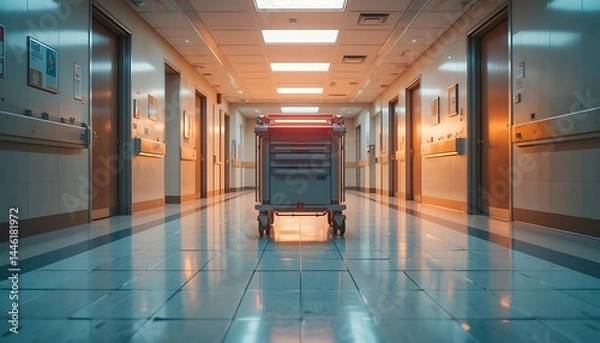 Fototapeta Hospital Corridor with Medical Cart Illuminated by Lights