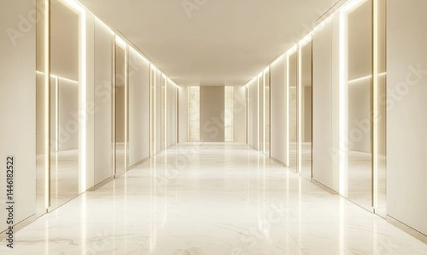 Fototapeta Empty luxurious hallway with clean modern lines, white walls, large mirrors reflecting soft lighting, and subtle marble flooring patterns,