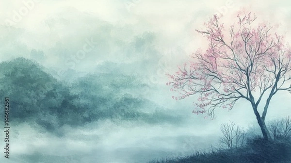 Fototapeta Asian style landscape painting misty mountains soft pink blossoms flowering tree