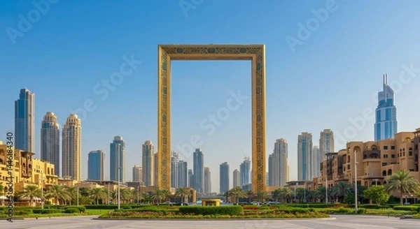 Fototapeta Dubai Frame Skyline View - Modern architecture, vibrant city, lush greenery, golden frame, urban landscape. Symbolizing progress, beauty, prosperity, innovation, and tourism