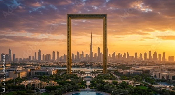 Obraz Dubai Frame Sunset Panorama - Stunning sunset view of Dubai skyline framed by the iconic Dubai Frame, a modern architectural marvel