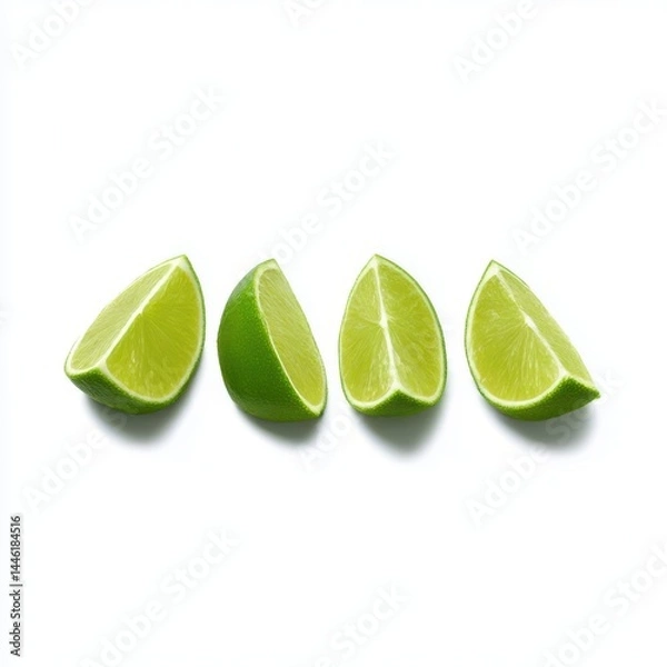 Fototapeta Four lime wedges in a row isolated on white background