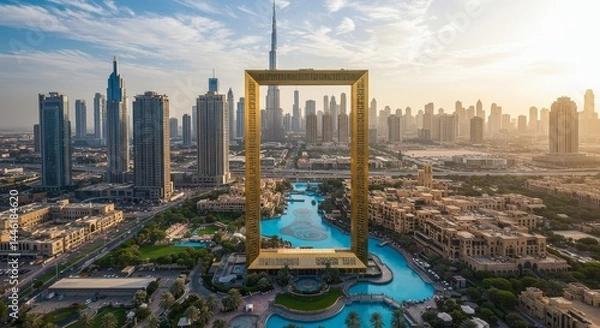 Fototapeta Dubai Skyline Framed by Gold - Stunning aerial view of Dubai's modern cityscape framed by a large golden structure, featuring skyscrapers, pools, and lush greenery