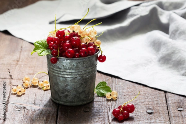 Fototapeta White and red currants in a metal bucket on a wooden background.