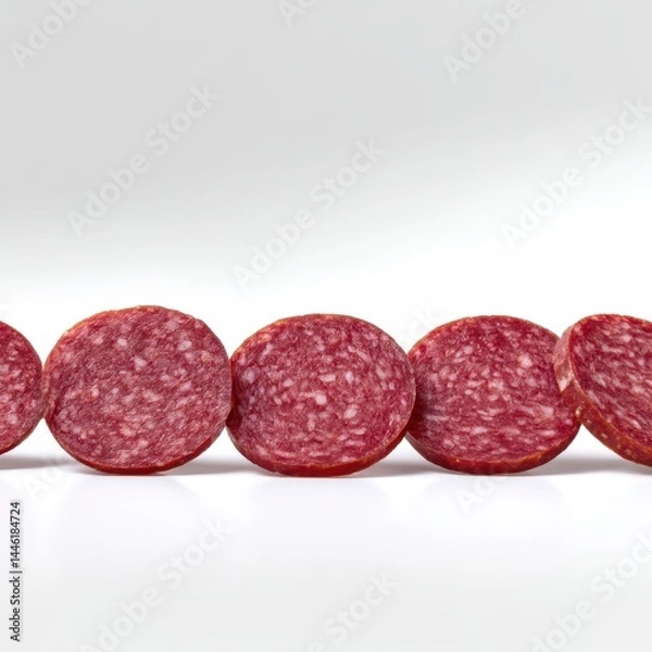 Fototapeta Salami slices in a row isolated on white background