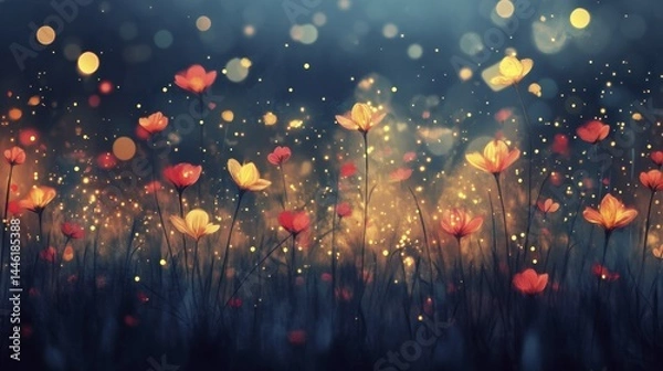 Fototapeta Glowing Red and Yellow Flowers with Bokeh Lights in Dark Ethereal Meadow at Night
