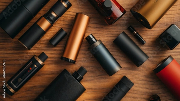 Fototapeta Flat Lay of Vaping Devices E Cigarettes and E Liquids on Wooden Surface