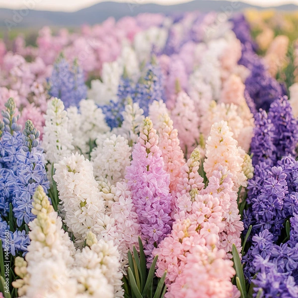 Fototapeta close-up photo of colorful purple pink white hyacinth flowers growing in field background flowering in spring field meadow winter garden ai generated 