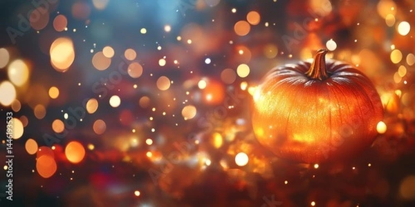 Fototapeta A blurry photo of a glowing Halloween pumpkin with sparkling lights in the background. The pumpkin is orange and the image is full of vibrant colors, perfect for a party backdrop.
