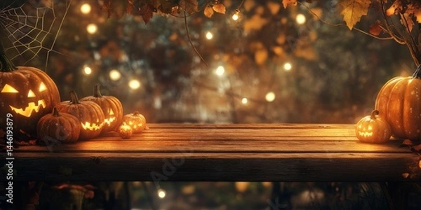 Fototapeta A cozy autumn scene with a wooden table and twinkling lights.  The warm glow from pumpkins and a spiderweb creates a festive Halloween backdrop.  Perfect for showcasing your product.
