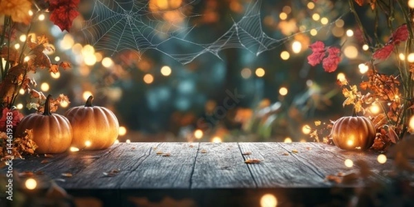 Fototapeta A cozy autumn scene with a wooden table and twinkling lights.  The warm glow from pumpkins and a spiderweb creates a festive Halloween backdrop.  Perfect for showcasing your product.