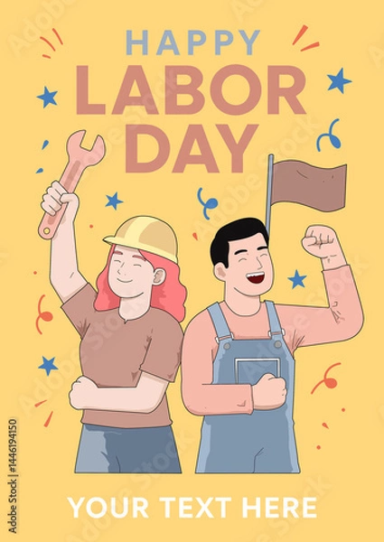 Fototapeta Vertical Labor Day poster with two cheerful workers in cartoon vector style. Bright, colorful design with space for custom text. Ideal for events, flyers, or social media use.