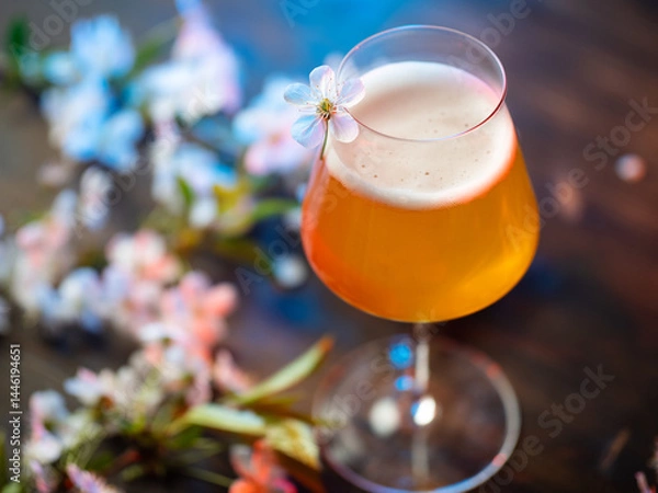 Fototapeta Craft beer in a stylish glass on a wooden table with cherry blossoms. Spring beer