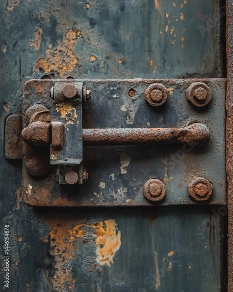 Fototapeta A close-up view of a rusty metal latch on a weathered door, showcasing the intricate details of corrosion and wear, set against a backdrop of peeling paint and industrial textures