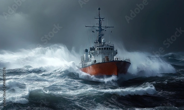 Obraz Coast Guard Cutter Navigating Through Rough Seas Under a Dramatic Sky with copy space