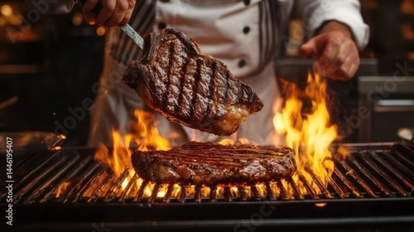 Fototapeta Steak on grill with flames
