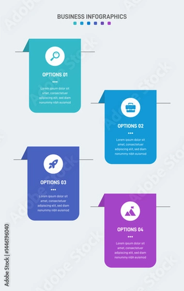 Fototapeta Vertical progress bar featuring 4 arrow-shaped elements, symbolizing the four stages of business strategy and progression. Clean timeline infographic design template. Vector for mobile presentation.