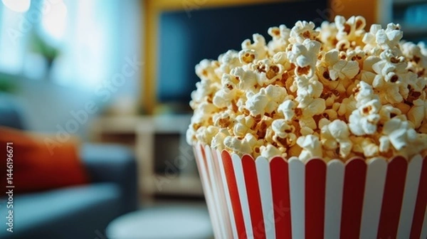 Obraz Popcorn in a striped container, movie night at home