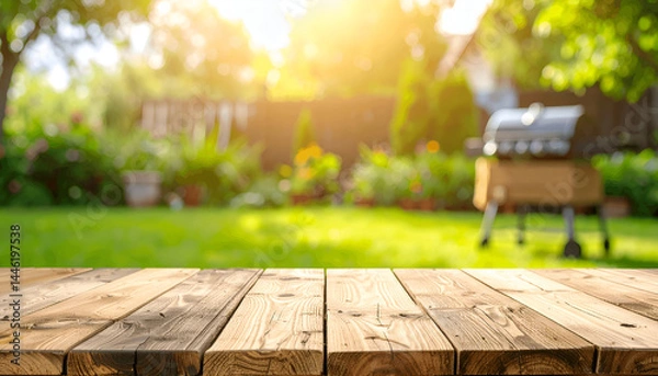 Fototapeta Summer time in backyard garden with grill BBQ, wooden table, with blurred background