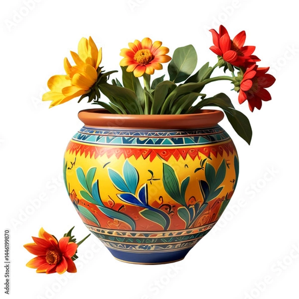 Obraz Colorful hand-painted ceramic vase with blooming red and yellow flowers in folk art style, isolated on a transparent background 