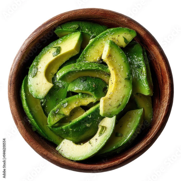 Obraz Fresh Avocado Slices in a Wooden Bowl Viewed From Above on a Transparent Background PNG