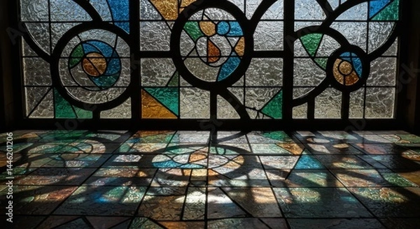 Obraz Geometric Stained Glass Window and Floor Design - Abstract art, colorful glass, light and shadow interplay, geometric shapes, spiritual symbolism. Represents creativity, light, beauty, peace