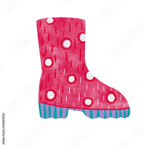 Fototapeta Bright red rain boot with white polka dots in handpainted watercolor style. Illustration for springtime graphics, children's fashion, party invitations, playful decor, aby designs.