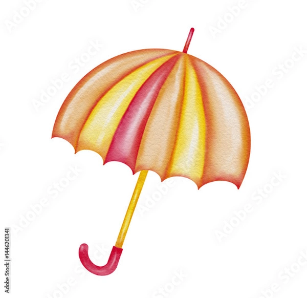 Fototapeta Cheerful umbrella with yellow and red stripes in watercolor style. Illustration for children’s party themes, springtime printables, baby shower decor.