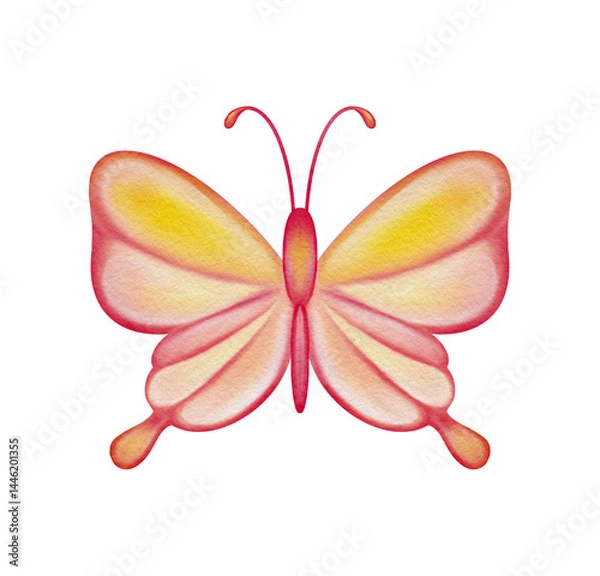 Fototapeta Handpainted pink butterfly with soft wings. Illustration for nursery themes, spring decorations, birthday invitations, fairytale-inspired designs, summer poster.