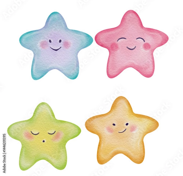 Fototapeta Set of pastel illustration with stars with smiling face. Watercolor baby clipart for nursery decor, cute kids printable, room posters, stickers,  lullaby themes and birthday card designs.