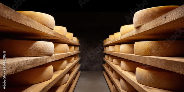 Fototapeta Round cheese wheels are stacked on wooden shelves in a storage room. Dairy storage, cheese aging