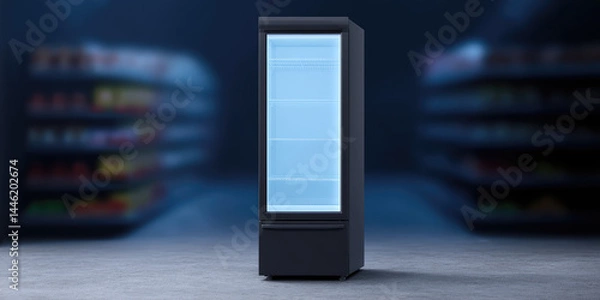 Fototapeta An upright display refrigerator stands empty in a store aisle. Retail appliance and commercial refrigeration concept