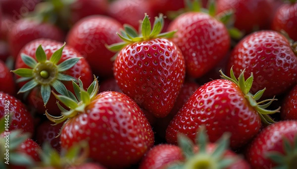 Fototapeta Close-up of Fresh Red Strawberries - Ripe Berries with Green Leaves