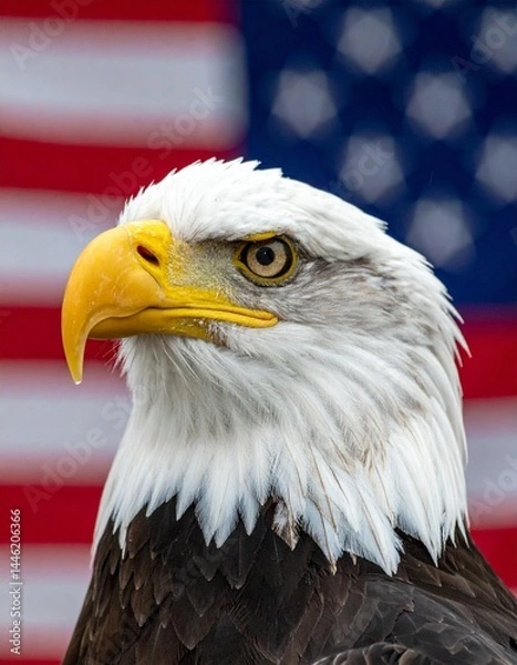 Fototapeta Beautiful isolated American bald eagle with an American flag background