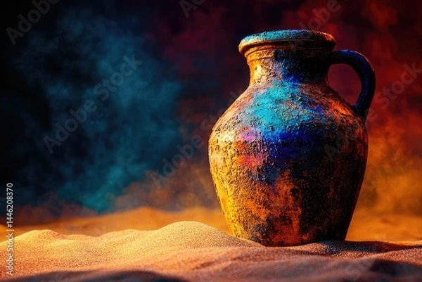 Fototapeta Ancient, weathered clay jar rests in desert sand, bathed in dramatic, colorful light.