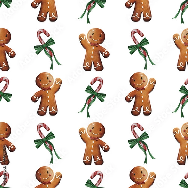 Fototapeta Christmas watercolour gingerbread man and candy cane watercolor seamless pattern on transparent background 