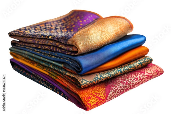 Fototapeta Vibrant stack of colorful silk scarves rich textures patterns luxurious fabrics bright jewel tones