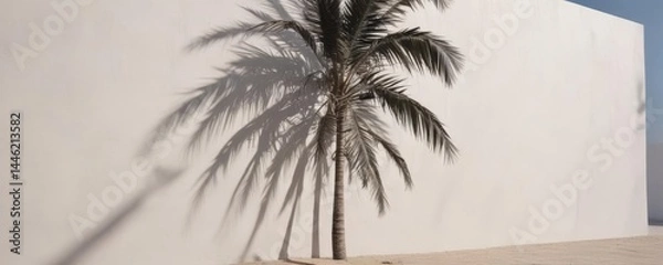 Fototapeta Deep, textured palm shadow on sunlit white wall, intense contrast ,  background,  vacation background