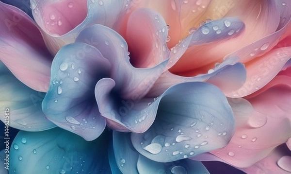 Obraz Macro shot of delicate flower petals with dewdrops, vibrant pastel tones enhanced by soft morning light, clean botanical theme with smooth textures,