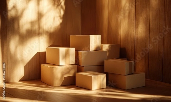 Fototapeta Neatly stacked kraft boxes arranged on a wooden surface, softly illuminated to emphasize their natural textures and functional design