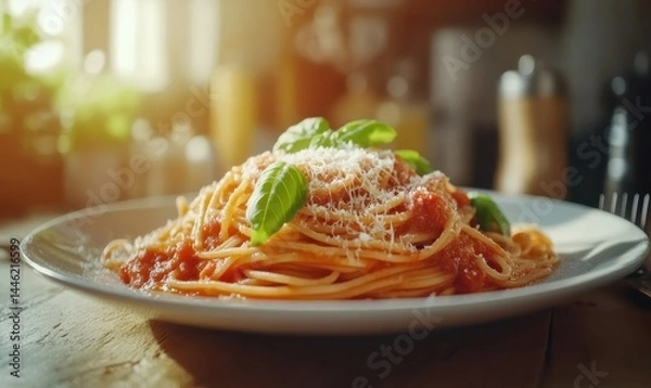 Fototapeta Plate of freshly made spaghetti with tomato sauce and basil, topped with grated Parmesan cheese, soft natural light creating an appetizing meal presentation