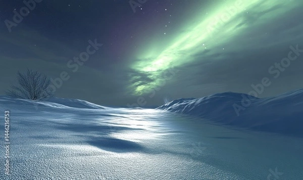 Obraz Majestic aurora borealis in shades of green and purple illuminating a frozen landscape, soft light reflecting off pristine snow, creating an ethereal winter night, .