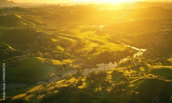 Fototapeta Scenic countryside view with wind turbines under a golden sunset, warm light casting long shadows over green fields, peaceful and eco-friendly scene, .