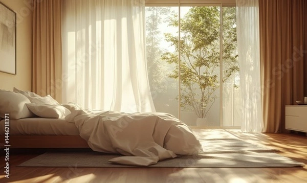 Fototapeta Scenic view of a cozy bedroom with sunlight streaming through large windows, clean minimalist design with soft warm tones,
