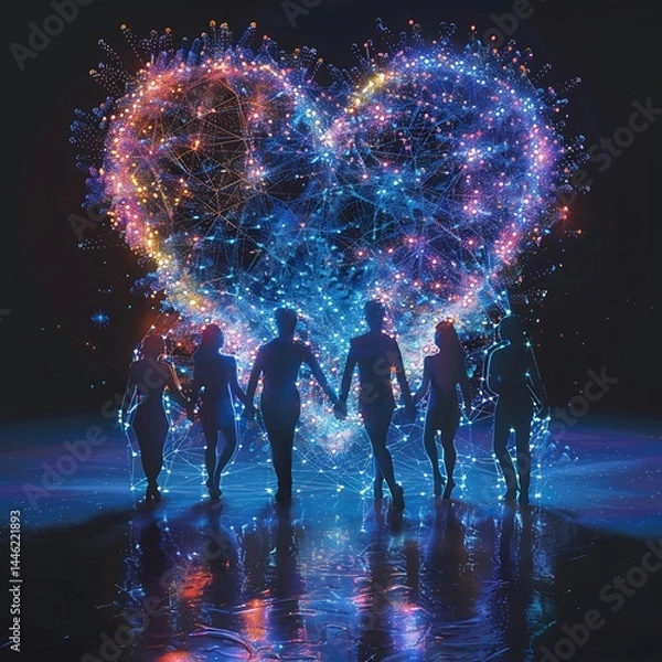 Fototapeta silhouettes Lovebonding oxytocin visualized as glowing threads connecting stylized human