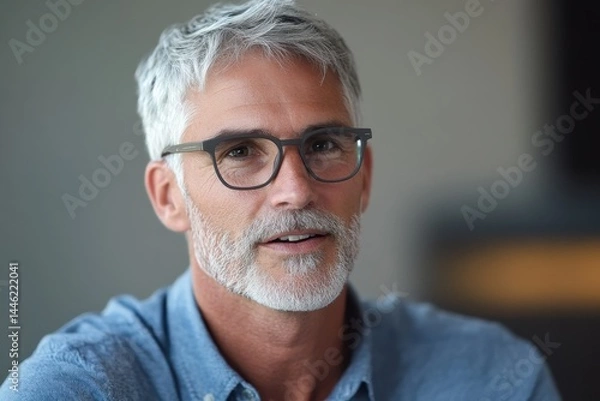 Fototapeta Senior company manager with grey hair and glasses engages in conversation at a modern office setting, Senior company manager with grey hair and glasses talks