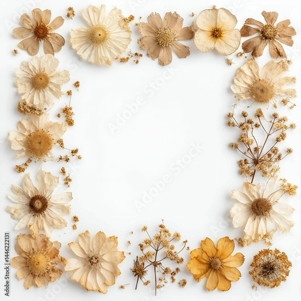 Fototapeta Frame of dried flowers on white background with copy space, natural rustic botanical border, flat lay composition

