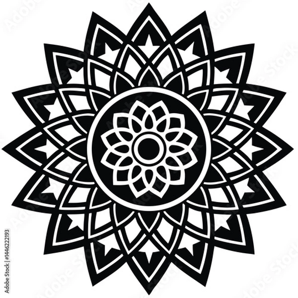 Fototapeta black and white geometric mandala, intricate repeating patterns, symmetrical design, abstract, minimalist, clean lines, high contrast, digital art
